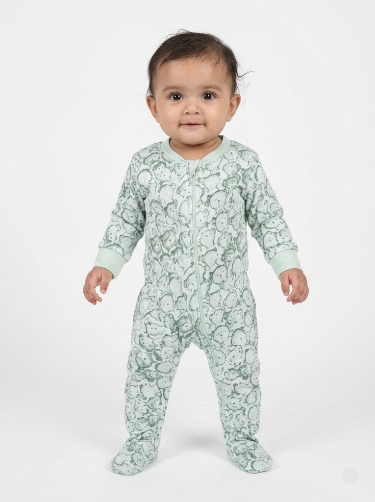 Baby's two-way zip FS jumpsuit with shoe - green teddy