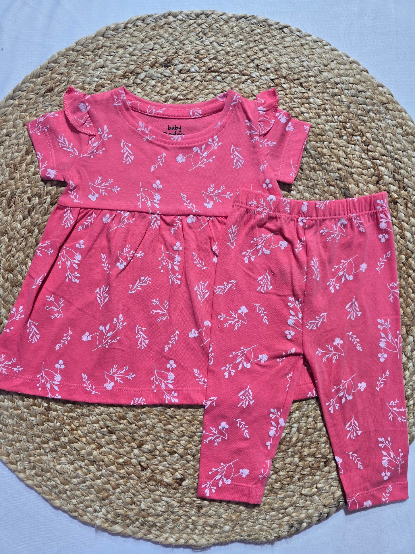 Baby's frock pant set - w.pink flower