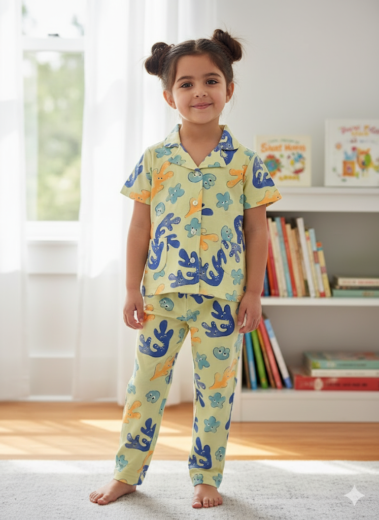 Girl's front open collar night suit set