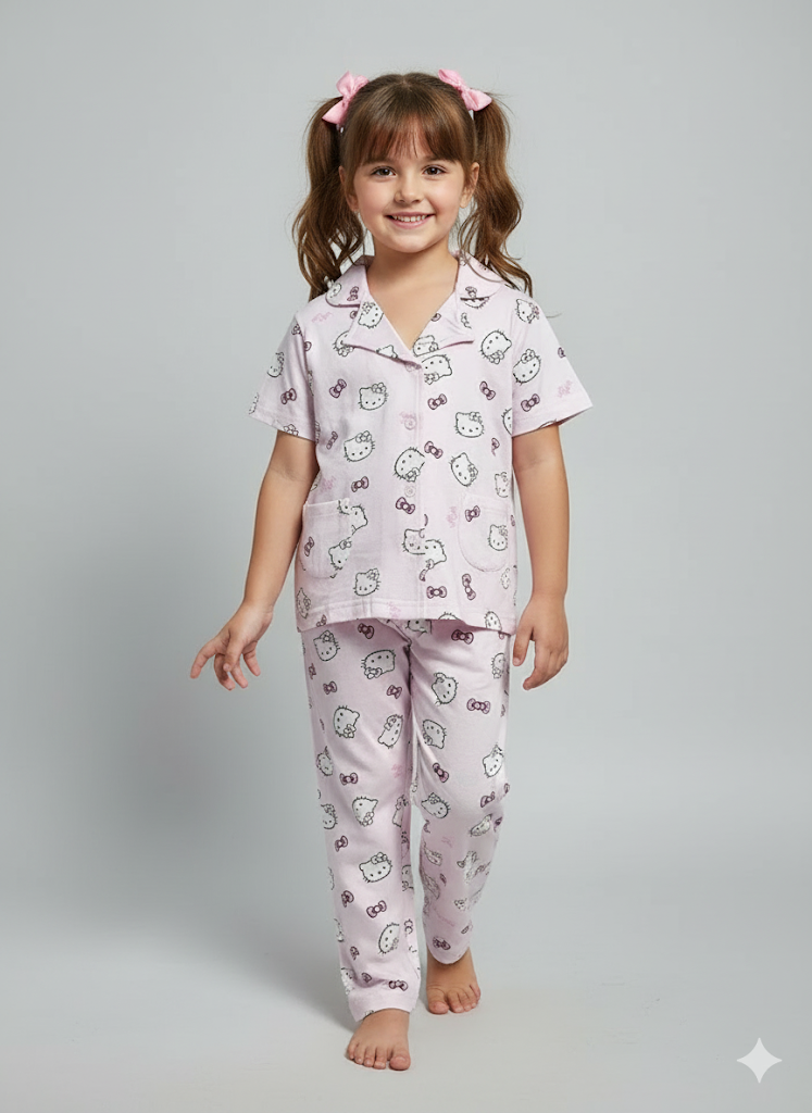 Girl's front open collar night suit set