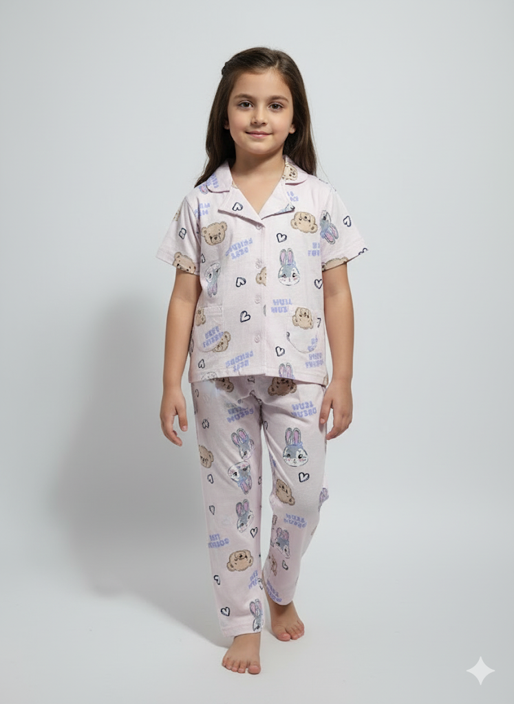 Girl's front open collar night suit set