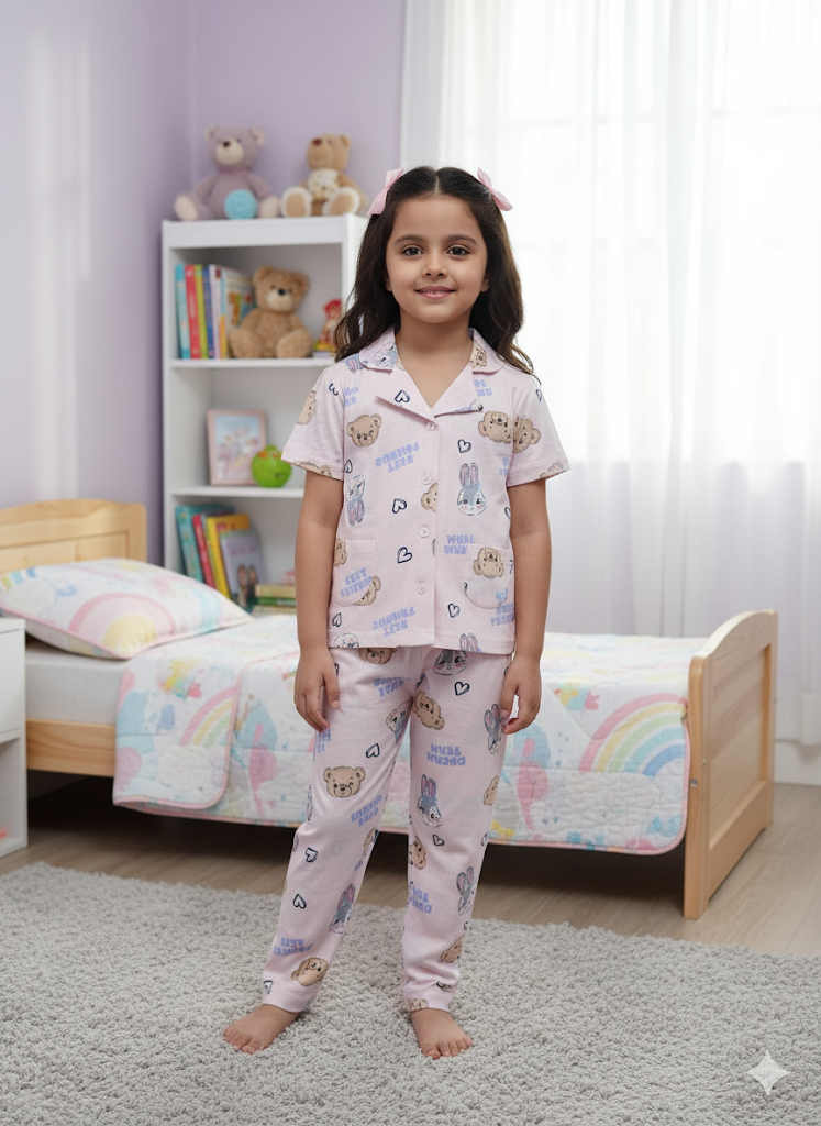 Girl's front open collar night suit set