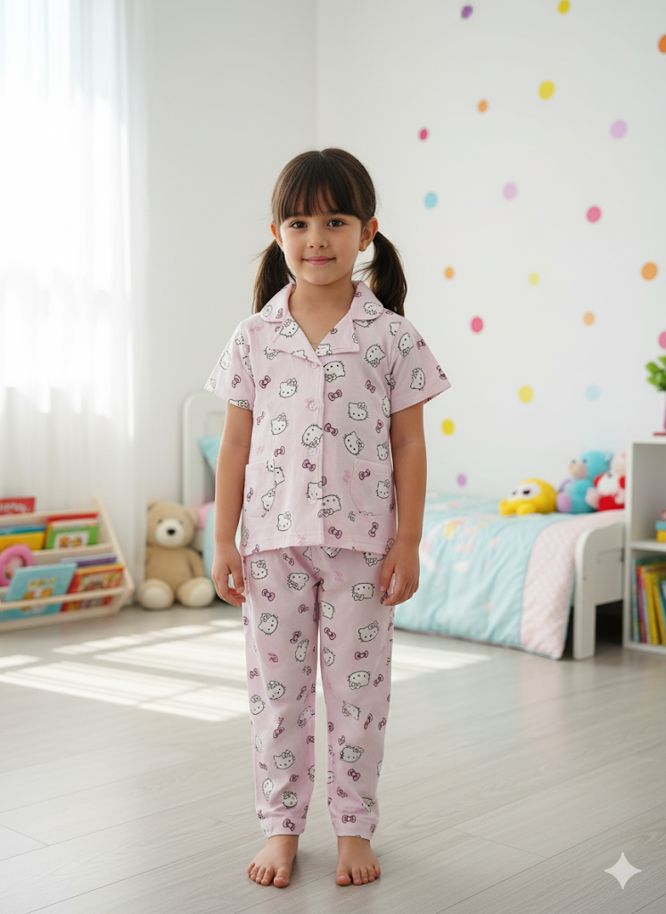 Girl's front open collar night suit set