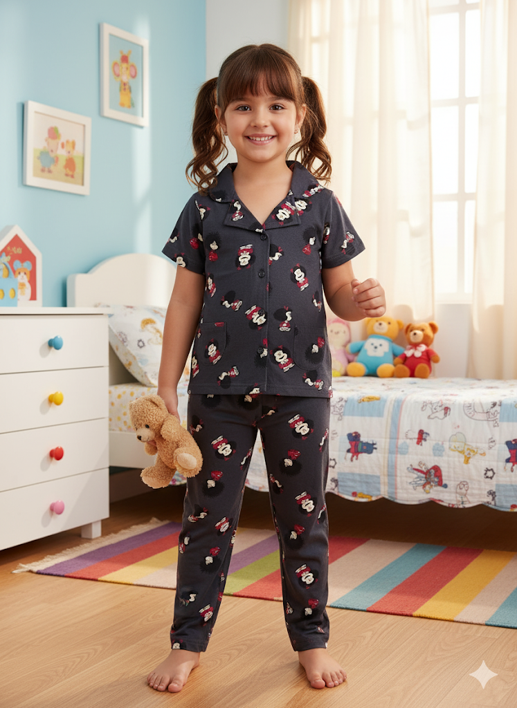 Girl's front open collar night suit set