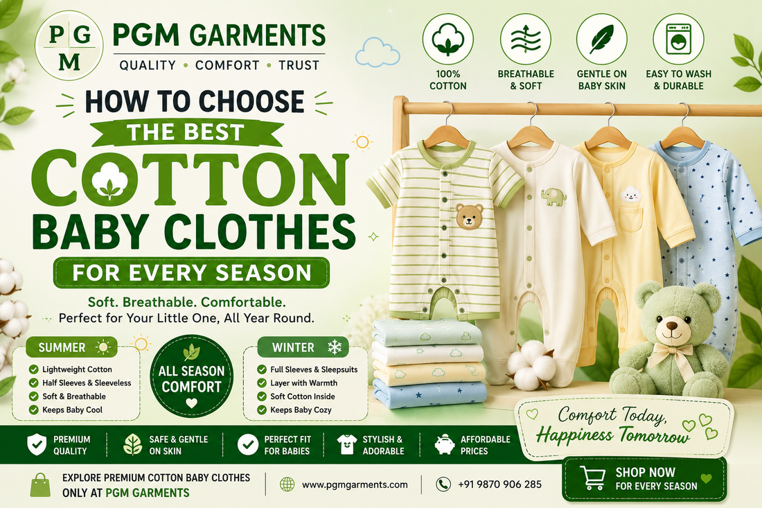 Premium cotton baby clothes by PGM Garments featuring soft cotton baby rompers, sleepsuits, and comfortable newborn clothing suitable for every season.