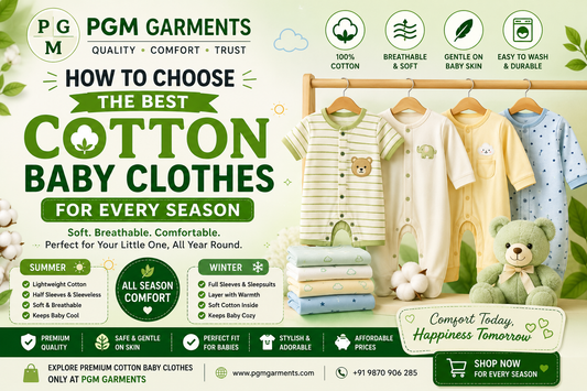 Premium cotton baby clothes by PGM Garments featuring soft cotton baby rompers, sleepsuits, and comfortable newborn clothing suitable for every season.