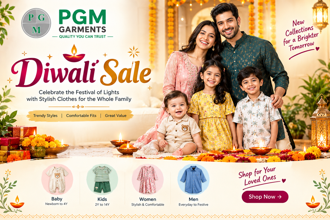 PGM Garments Diwali Sale banner featuring festive clothing for babies, kids, women, and men with traditional Diwali decorations.
