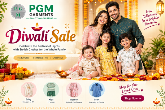 PGM Garments Diwali Sale banner featuring festive clothing for babies, kids, women, and men with traditional Diwali decorations.