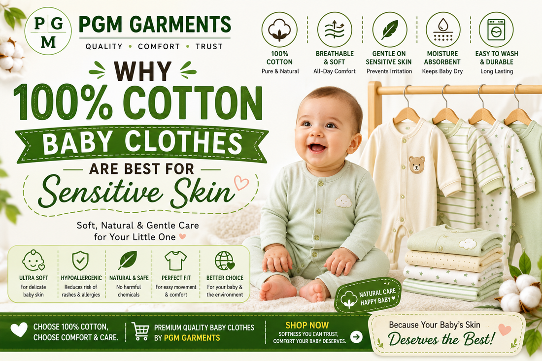 Why 100% Cotton Baby Clothes Are Best for Sensitive Skin by PGM Garments – Soft, breathable cotton baby rompers, sleepsuits, and newborn clothing designed for all-day comfort, gentle care, and delicate baby skin.