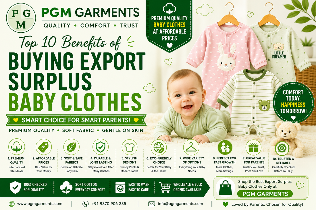 Top 10 Benefits of Buying Export Surplus Baby Clothes by PGM Garments – Soft 100% cotton baby rompers, sleepsuits, and newborn clothing offering premium quality, comfort, affordability, and eco-friendly value for parents.