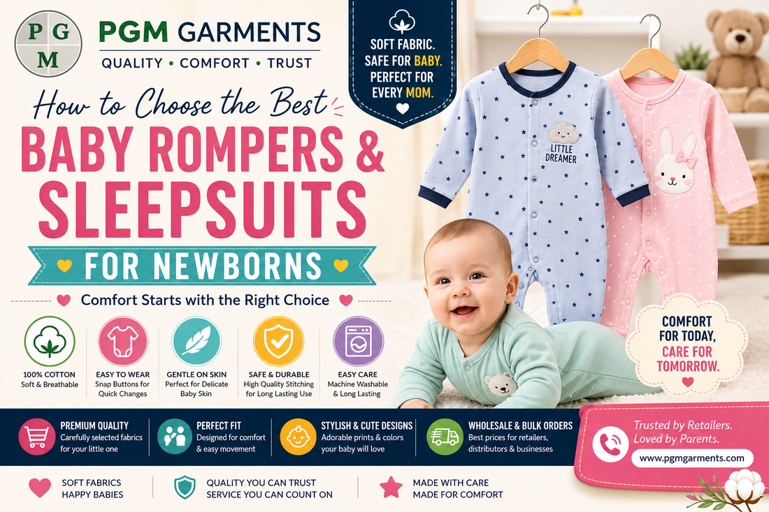 Baby Rompers & Sleepsuits for Newborns by PGM Garments – Premium 100% cotton baby rompers and sleepsuits with soft, breathable fabric, comfortable fit, gentle on sensitive skin, and ideal for everyday wear and peaceful sleep.