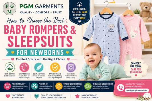 Baby Rompers & Sleepsuits for Newborns by PGM Garments – Premium 100% cotton baby rompers and sleepsuits with soft, breathable fabric, comfortable fit, gentle on sensitive skin, and ideal for everyday wear and peaceful sleep.