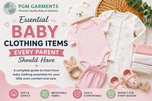 Baby clothing essentials including cotton rompers, sleepsuits, and baby shorts sets