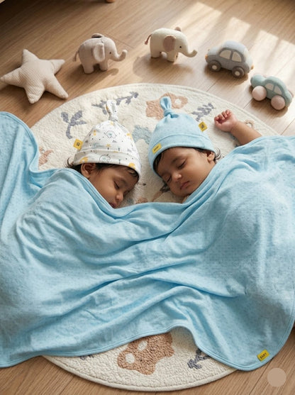 Baby's Hooded wrapper blanket with 2 1caps - blue