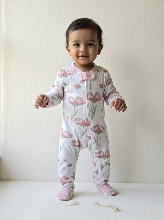Baby's FS jumpsuit /sleepsuit with shoe - pink blossom plant