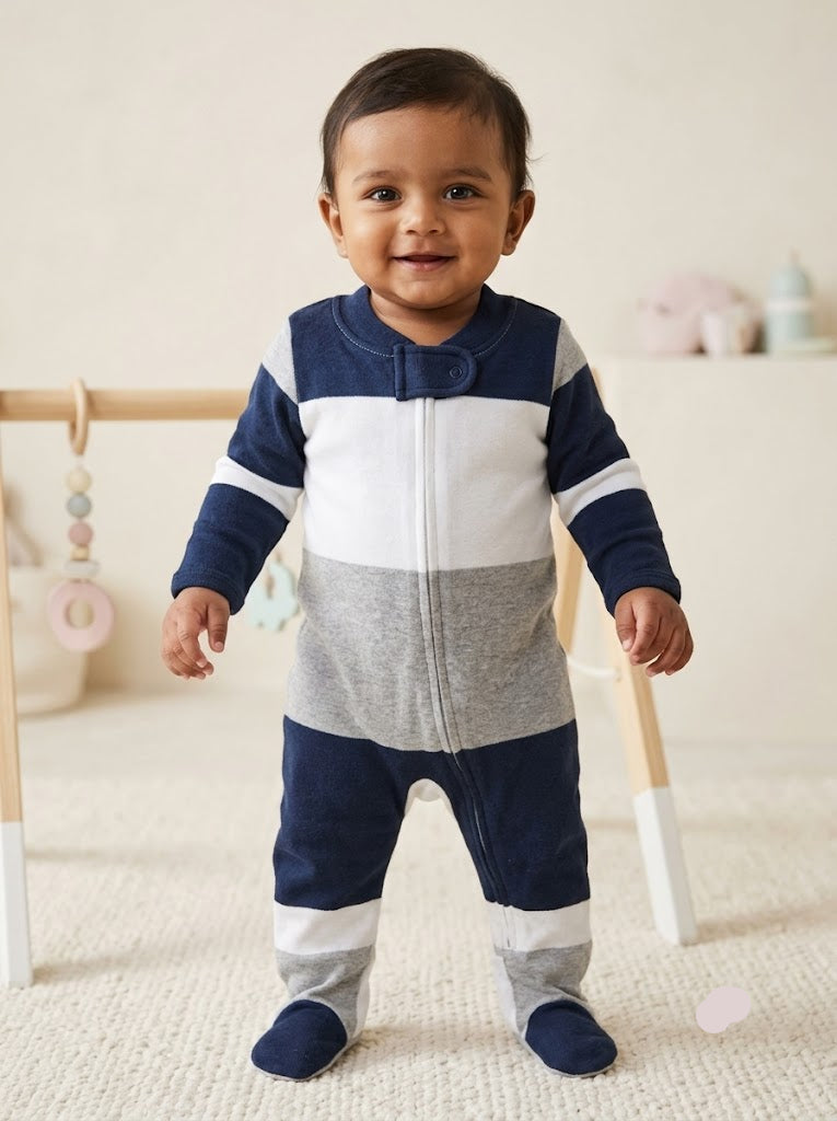 Baby's FS jumpsuit with shoe - navy/white stripes