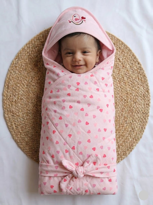 Baby hooded cotton wrapper with pink hearts design