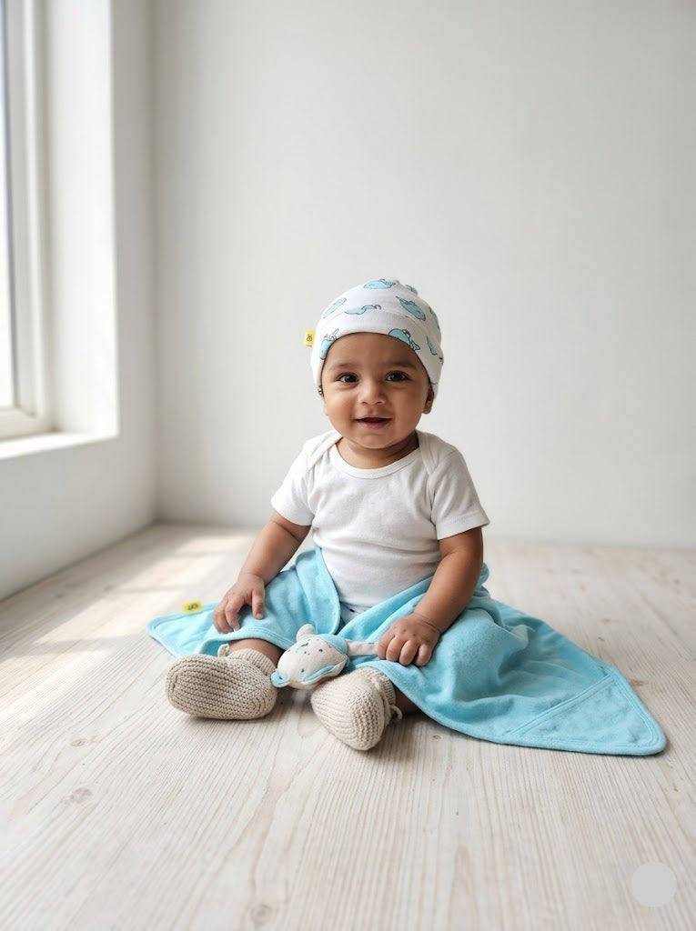 Baby's Hooded blanket with cap - Sky blue
