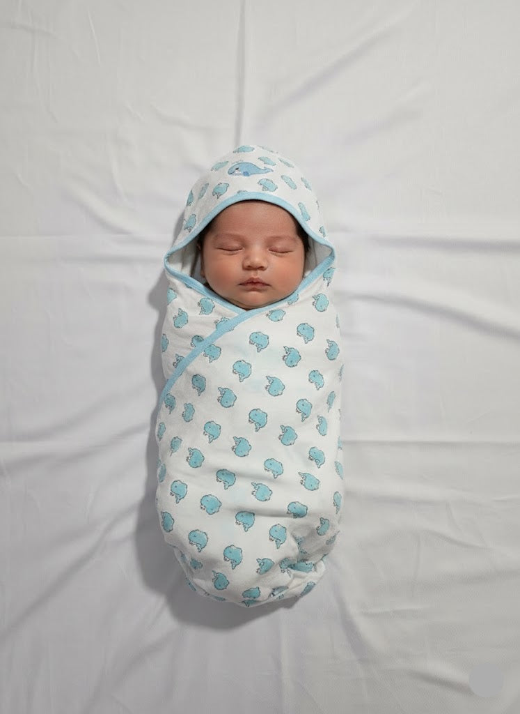 Baby's Hooded wrapper blanket - blue whale