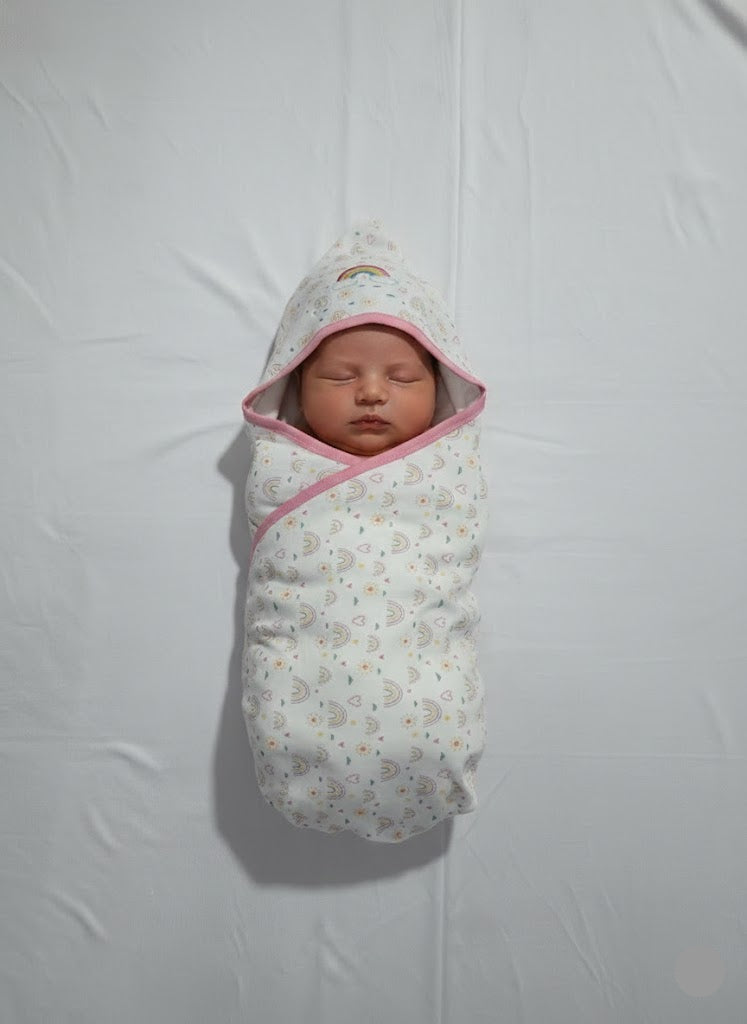 Baby's Hooded wrapper blanket - pink rainbow