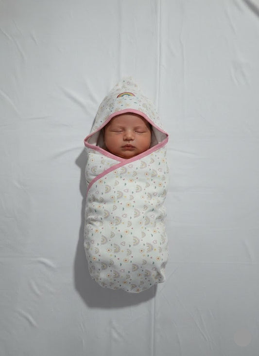 Baby's Hooded wrapper blanket - pink rainbow