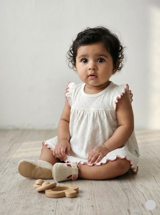 Baby's LS full open frock - orange dots