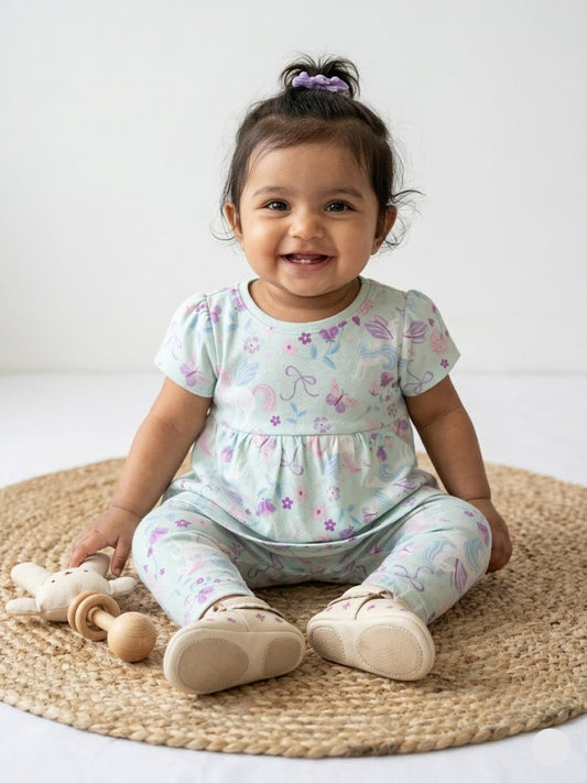 Baby's frock pant set - bluebow blossom