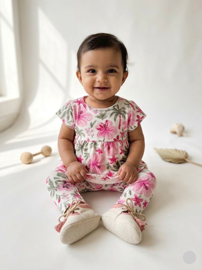 Baby's frock pant set - pink blossom trees