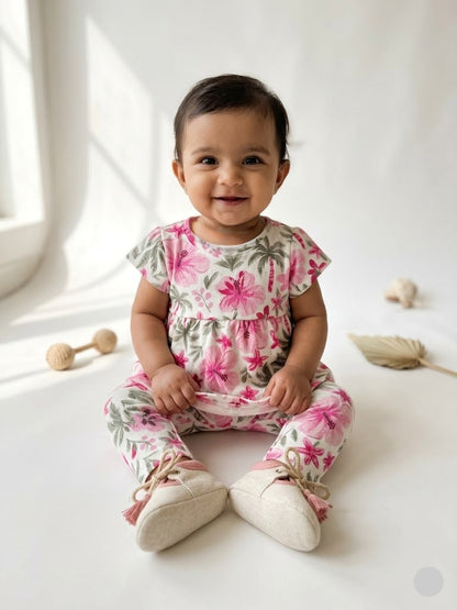 Baby's frock pant set - pink blossom trees