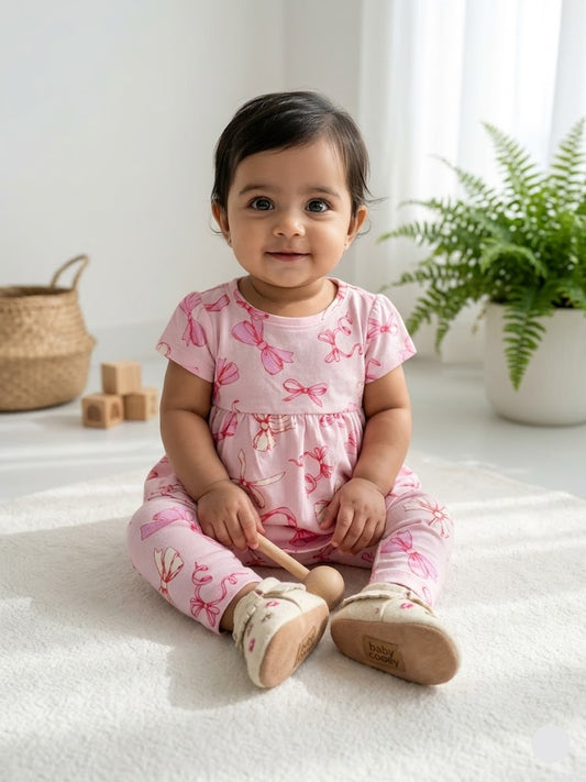 Baby's frock pant set - pink bow blossom