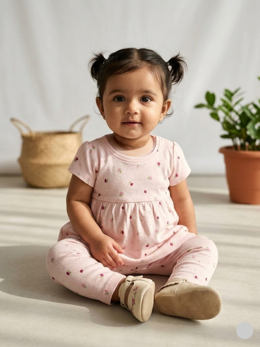 Baby's frock pant set - pink small blossoms