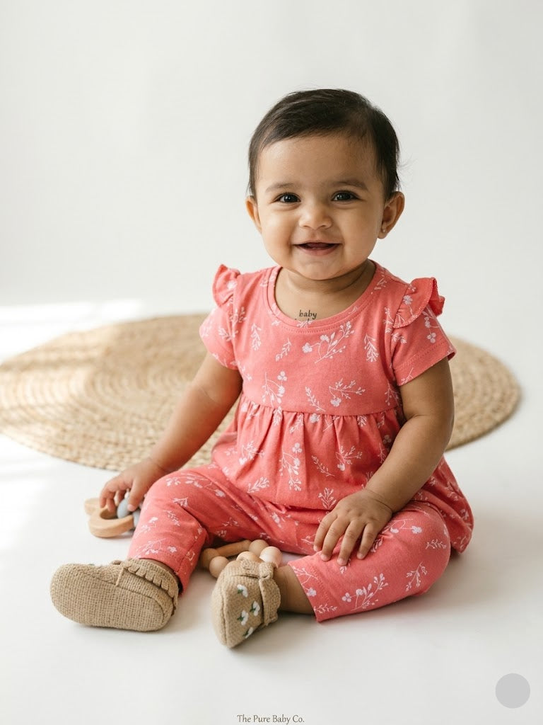 Baby's frock pant set - w.pink flower