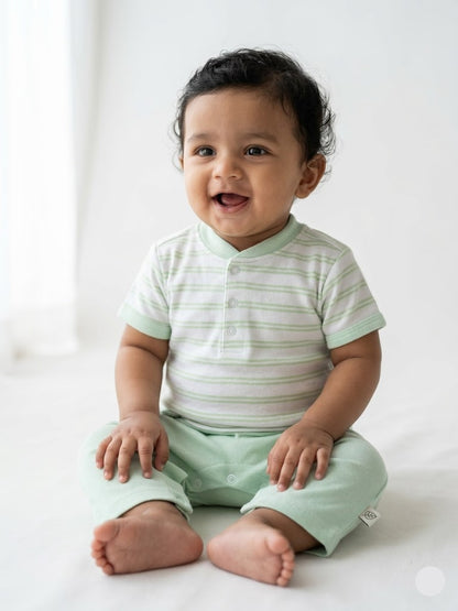 Baby's half jumpsuit - green stripes
