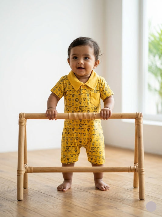 Baby's half jumpsuit - yellow animals