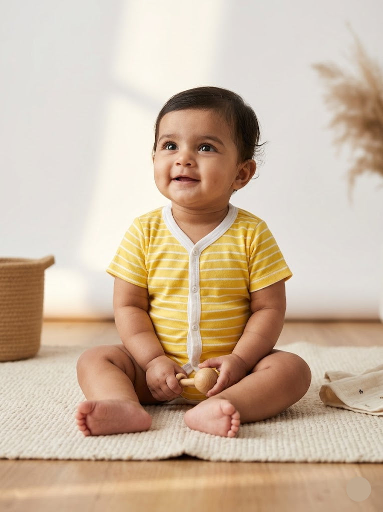 Baby's jabls top - strpies yellow