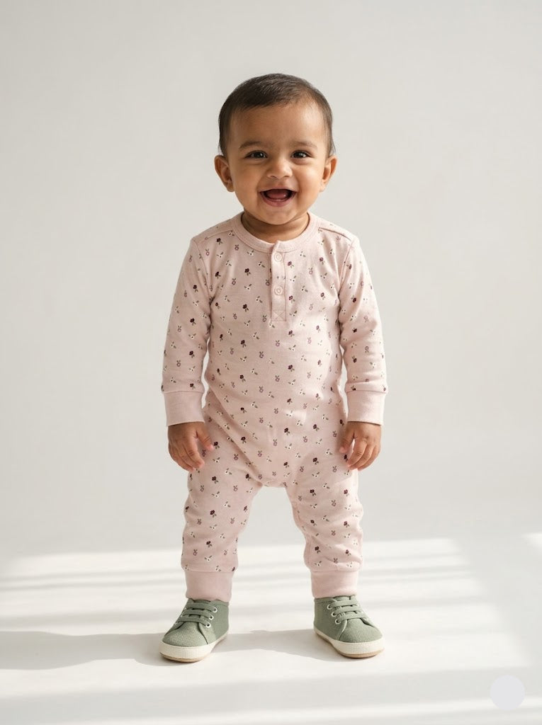 Baby's jumpsuit/sleepsuit - pink flowers