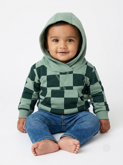 Baby's loop knit hoodie - green patches