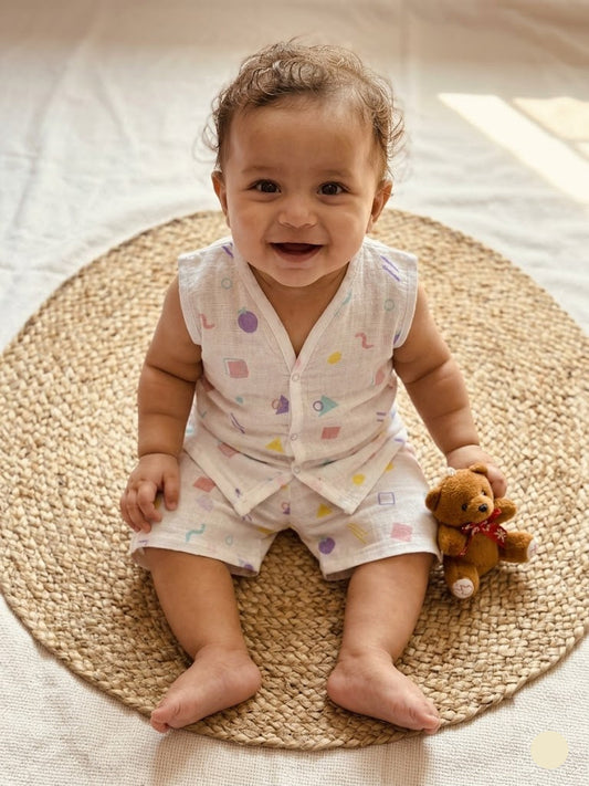 Baby's muslin Co-ord set - Shapes violet