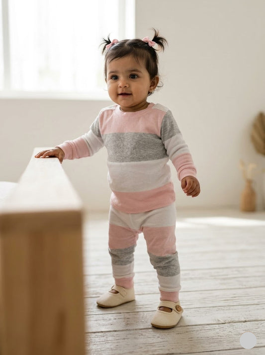 Baby girls cotton pant set with pink stripes design