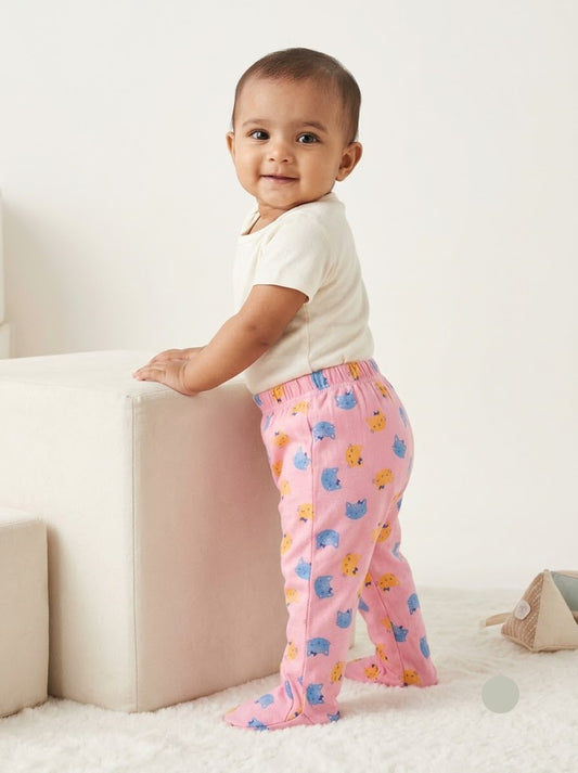 Baby's pants with attached shoe - pink cats