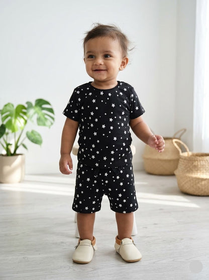 Baby boys cotton shorts set black white stars design