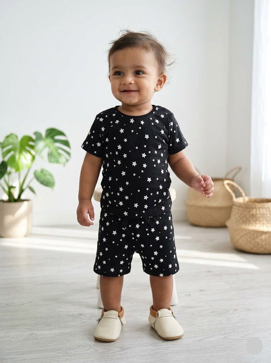Baby boys cotton shorts set black white stars design