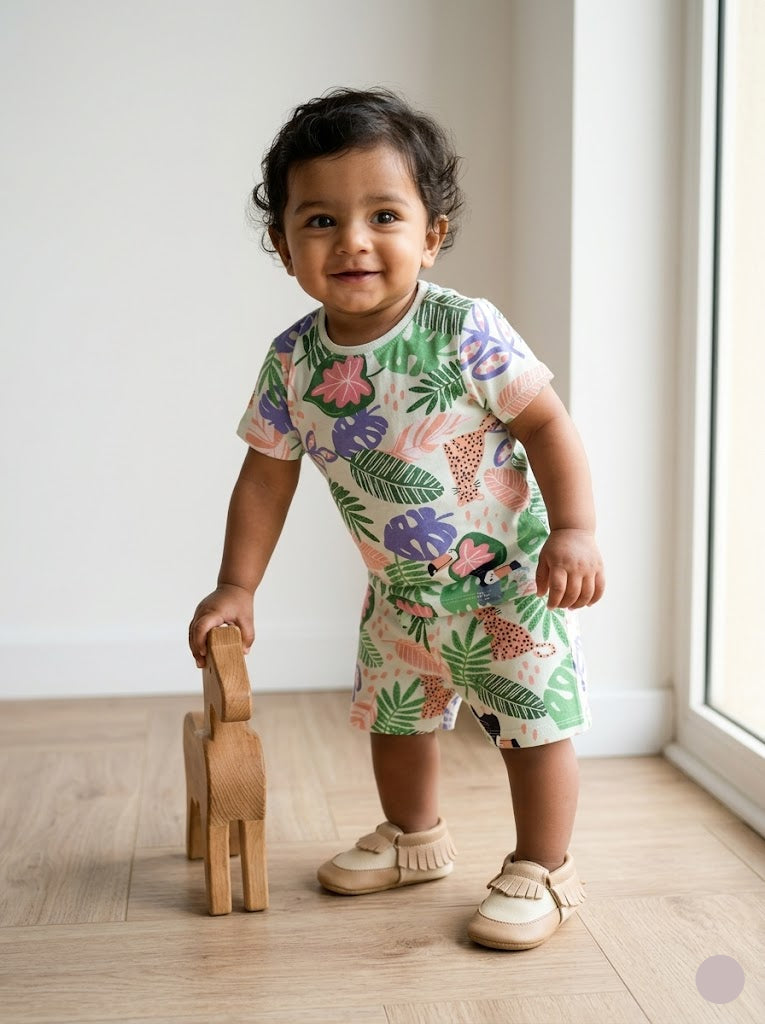 Baby boys printed cotton shorts set with colour leaf design