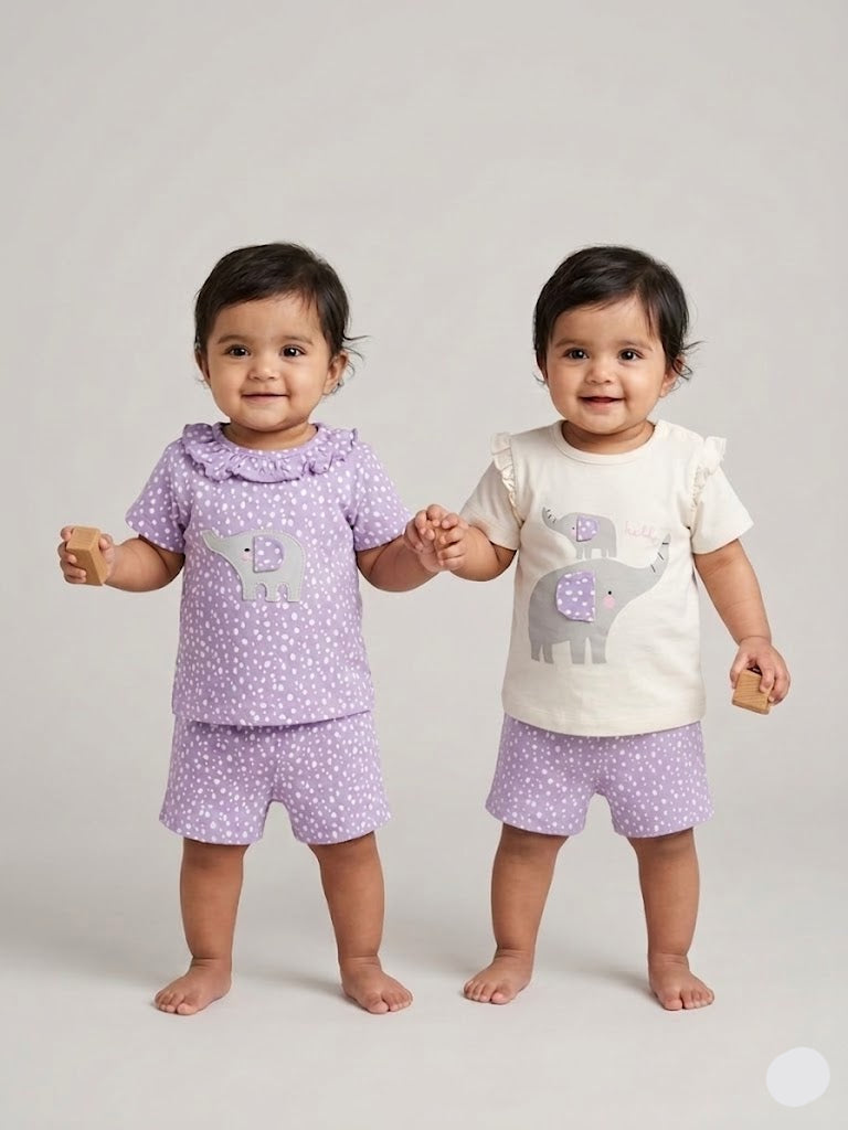 Baby's shorts set - purple elephant (3pcs set)