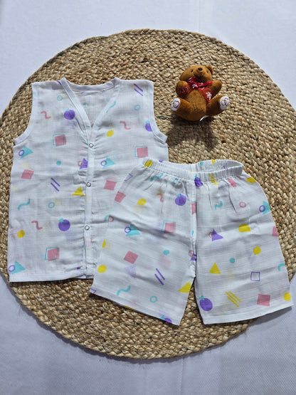 Baby's muslin Co-ord set - Shapes violet