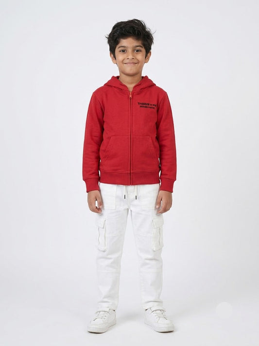 Boy's loop knit hoodie - red truoble