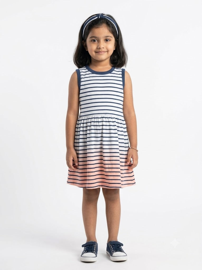 Girl's LS frock - blue line
