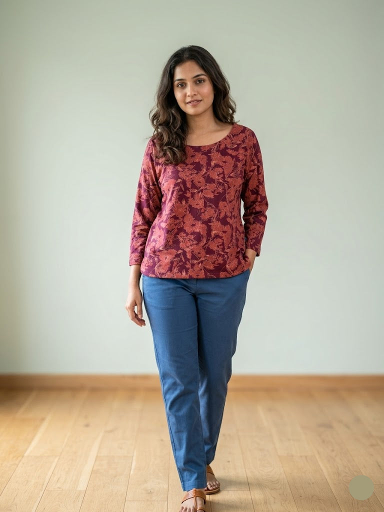 Women's 3/4 sleeve top - maroon blossom