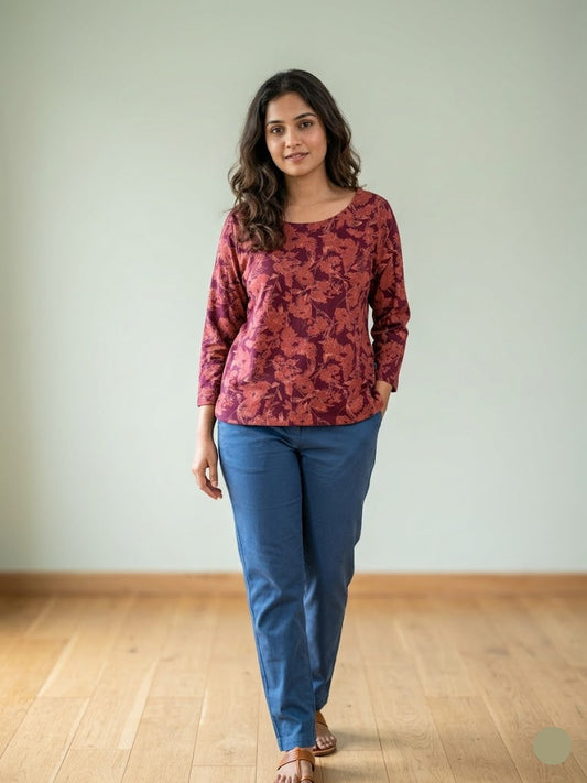 Women's 3/4 sleeve top - maroon blossom