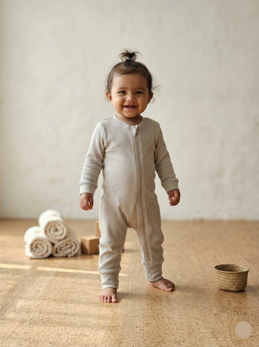 baby's jumpsuit/sleepsuit with shoe - beige (Two way zip)